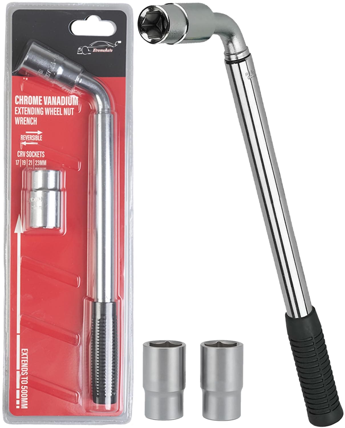 Wheel Brace for Car, Universal Telescopic Wheel Wrench, 17mm, 19mm, 21mm & 23mm with Reversible Sockets, Extendable Car Lug Wrenches, Compact Emergency Car Breakdown Essential