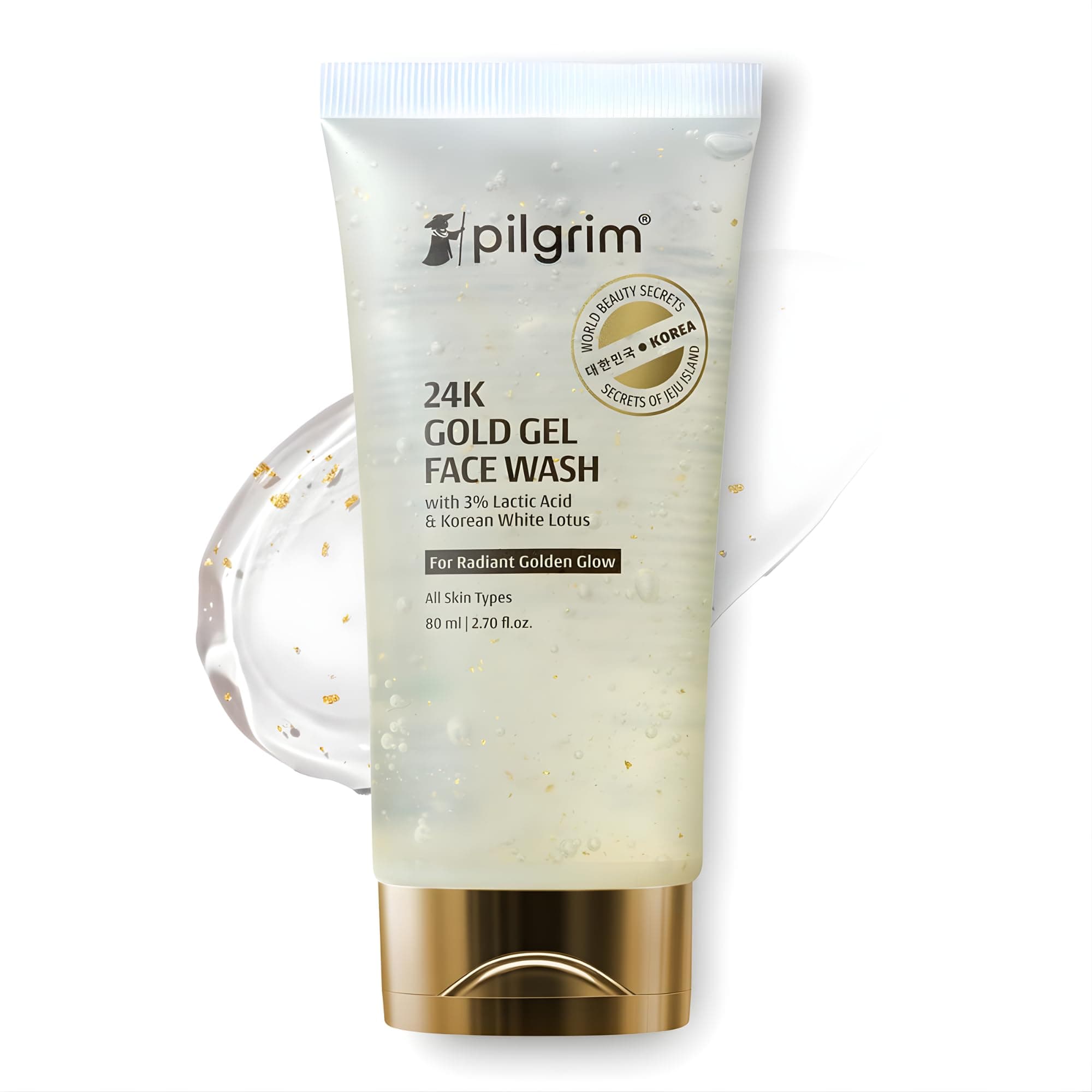 Pilgrim 24K Gold Gel Face Wash with 3% Lactic Acid & Korean White Lotus | Gentle Daily Cleanser for Smooth, Radiant-Looking Skin | All Skin Types | 2.71 Fl Oz (80ml)