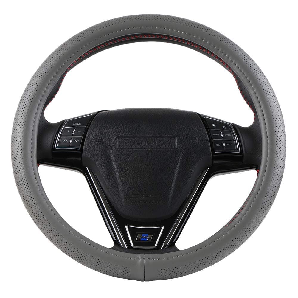 O SHI CAR Grey Genuine Leather 15" Standard Steering Wheel Cover for Men Business Style Silica Gel Liner and Can be Held Firm When Driving