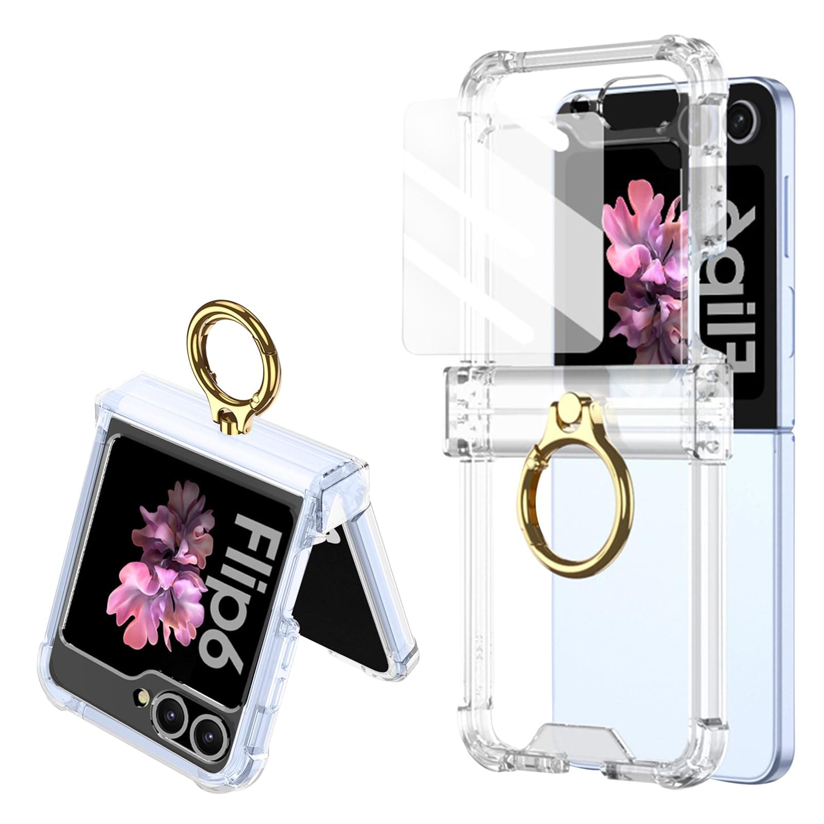 PUROOM Samsung Galaxy Z Flip 6 Case Clear Luxury Protective Hinged Cover with Ring Stand and Screen Protector Soft Bumper Case Cover for Samsung Galaxy Z Flip 6 (Clear)