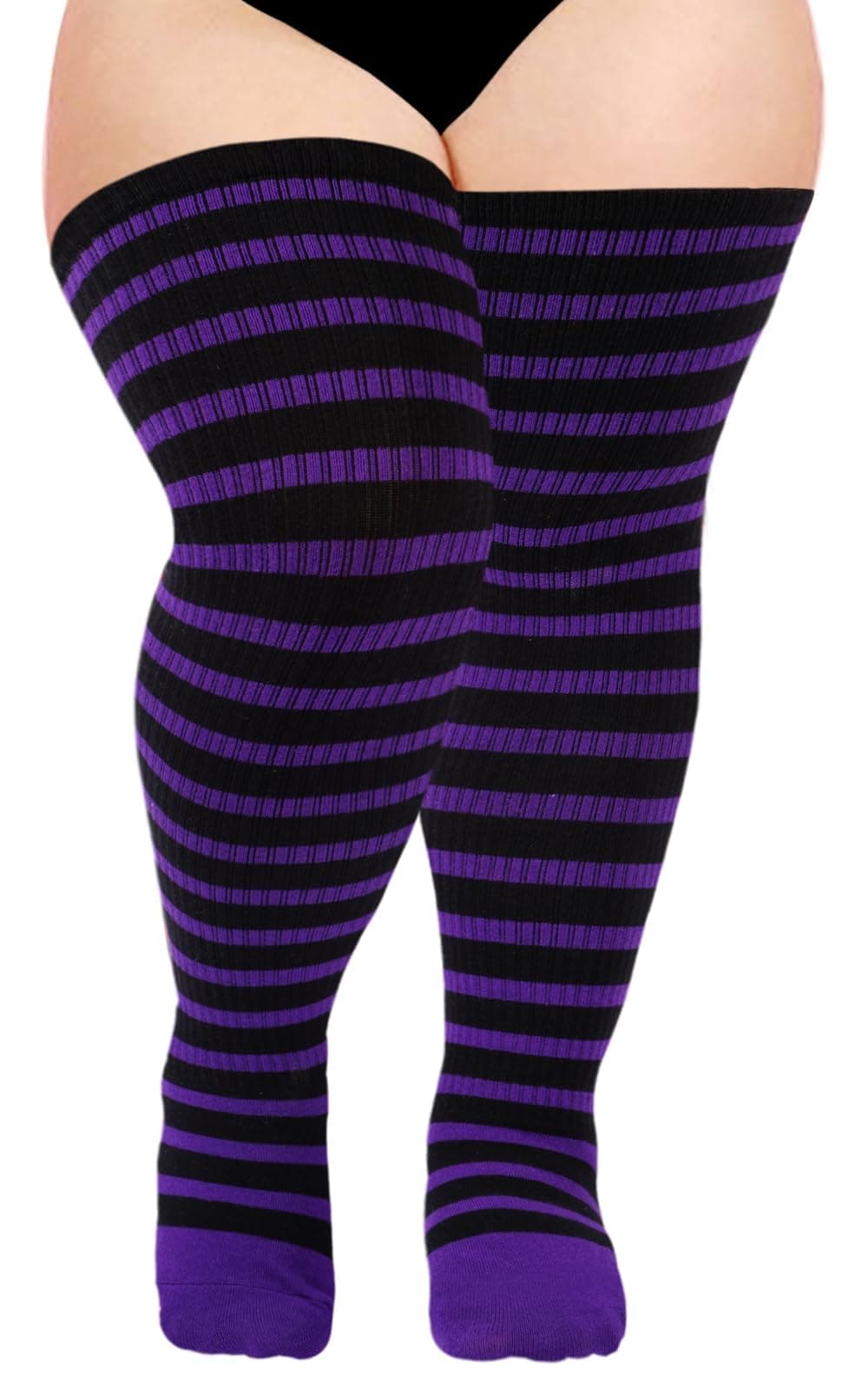 Plus Size Thigh High Socks for Women Knit Cotton Extra Long Striped Over the Knee High Socks Leg Warmers