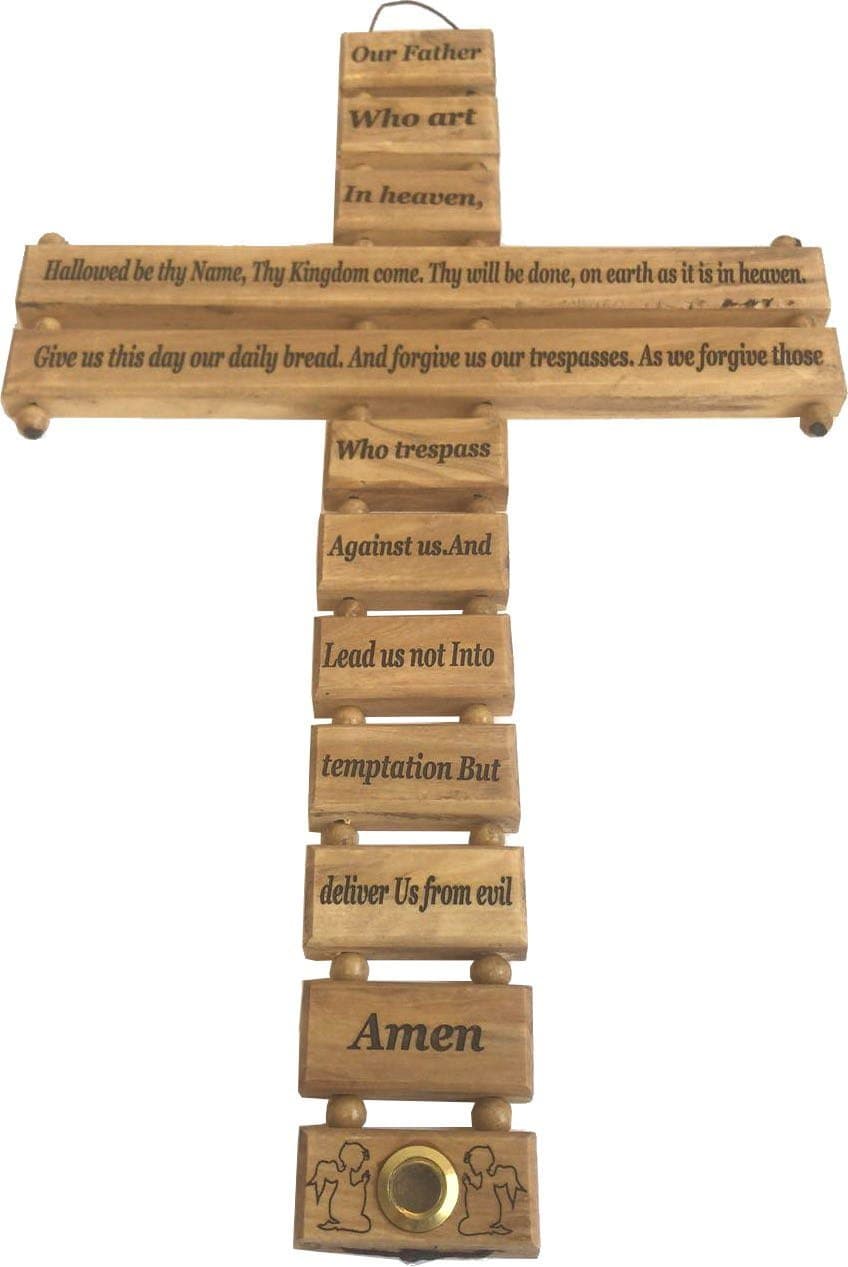 Olive Wood Lord's Prayer Cross (18") Hand Made in Bethlehem by Zuluf