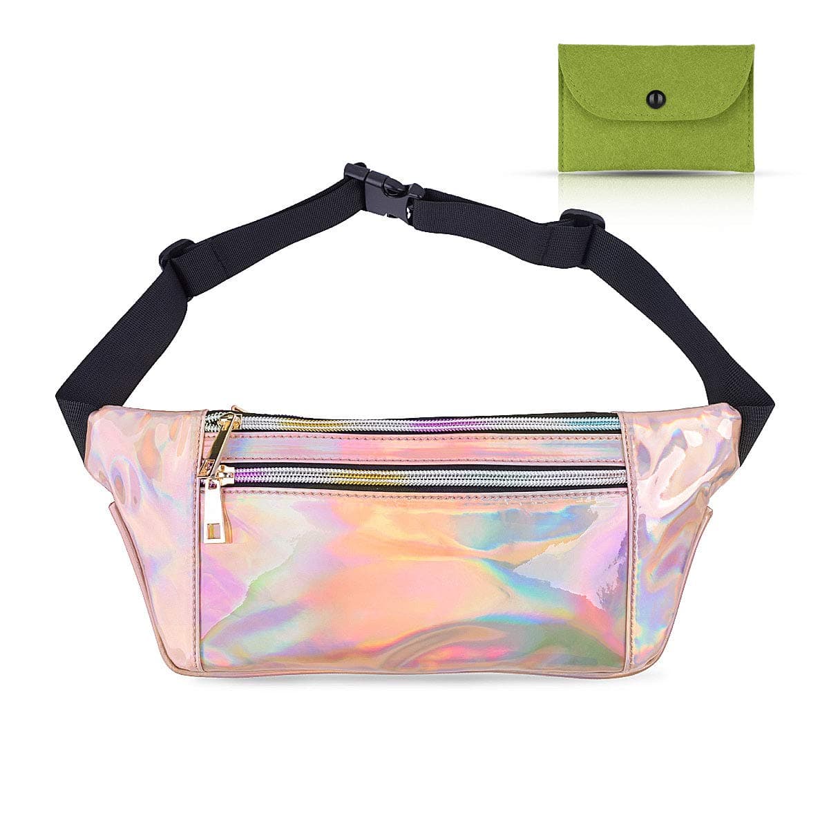 Holographic Fanny Pack for Women and Men, Iridescent Festival Fanny Pack for Girls, Waterproof Shiny Waist Pack with Adjustable Belt for Rave,Travel,Hiking,Party,Fashion Cool Cute Waist Bag (Gold)
