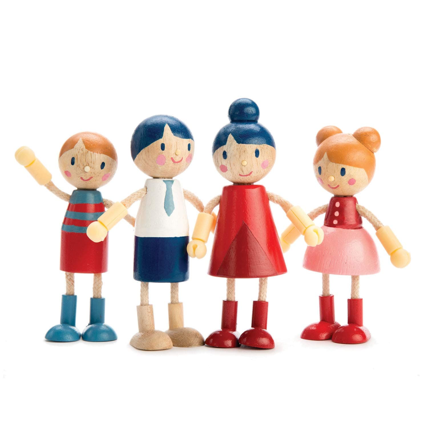 Doll Family - Cute Wooden Flexible Doll Family for Kid's Dollhouse, Four Pcs of Multicultural Mom, Dad, Boy and Girl - Age 3+