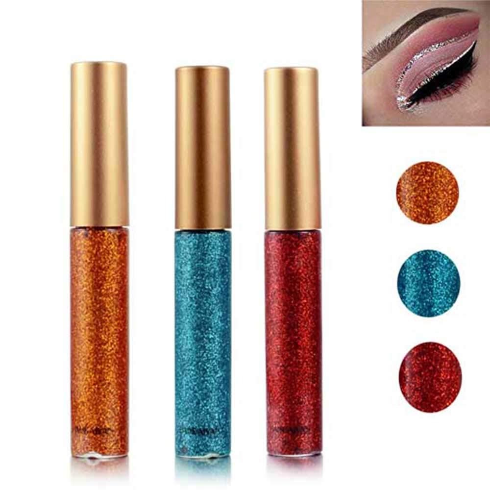 Glitter Liquid Eyeliner 3 Color Metallic Glitter Sparkling Eyeshadow Face Eye Cosmetic Glow Shimmer Makeup Glitter Eye Shadow Long Lasting Sparkling Eyeliner Eye Shadow 3 Color