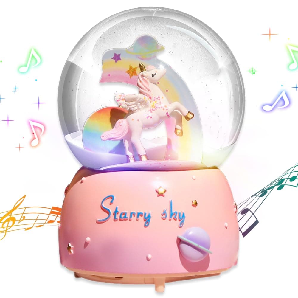 Unicorn Snow Globes for Girls, 100MM Pink Glitter Glass Snow Globes for Adults Kids Birthday Valentine Gift, Rotating Unicorn Music Box with Music for Home Decoration (Pink)