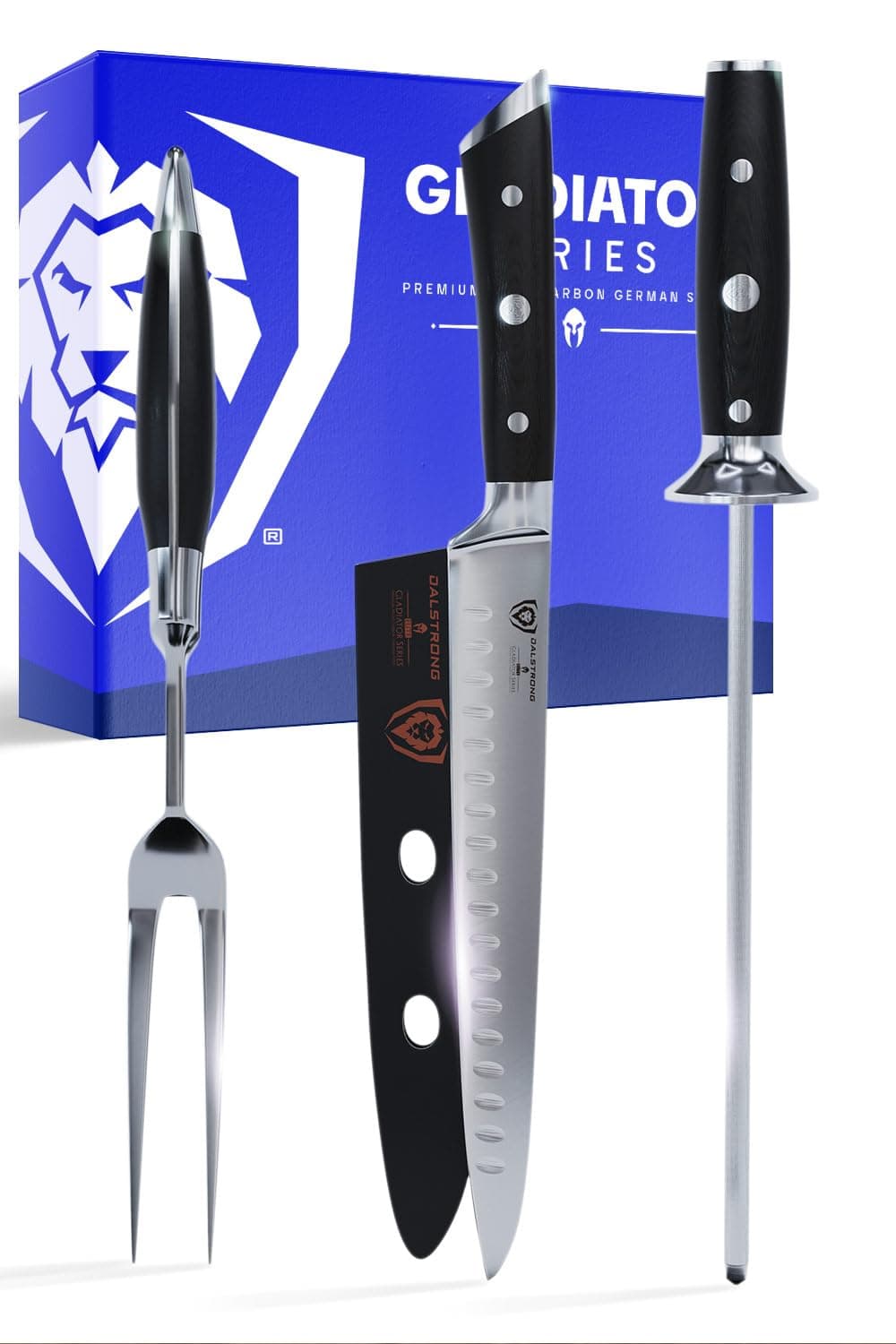 DALSTRONG Carving Knife & Fork Set - Gladiator Series - German HC Steel - 4pc Hollow Ground - Honing Rod - 9"