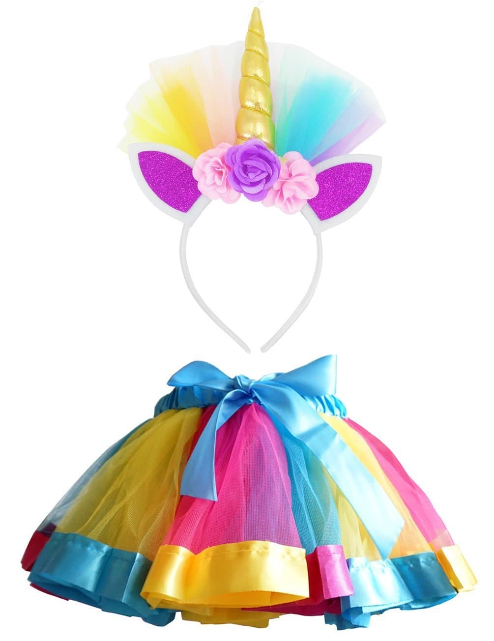 Little Girls Layered Rainbow Tutu Skirts with Unicorn Horn Headband