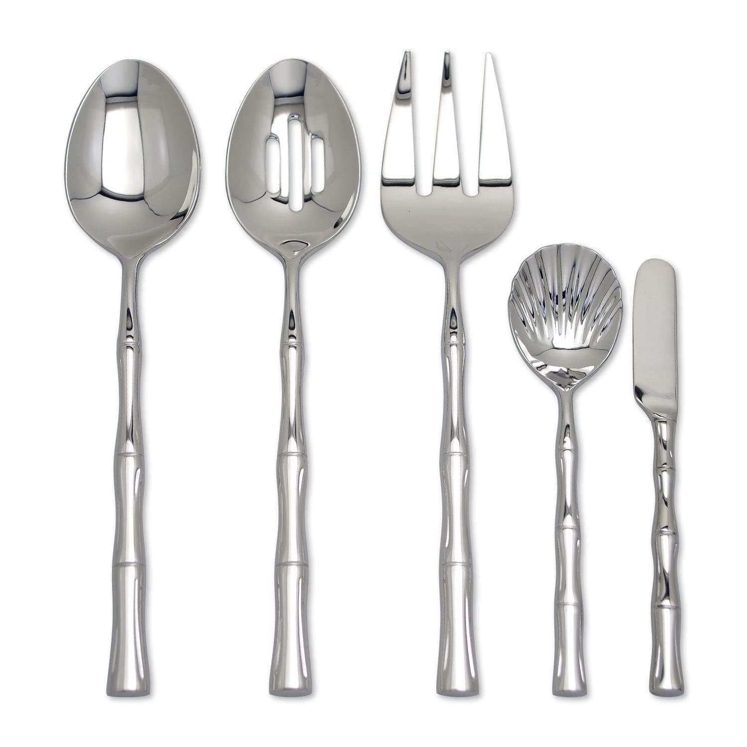 Supreme 5-Piece 18/8 Stainless Steel Hostess Serving Set with Bamboo Style Handle, Include Solid Spoon/Slotted Spoon/Serving Fork/Butter Knife/Sugar Spoon, Mirror Polished, Dishwasher Safe