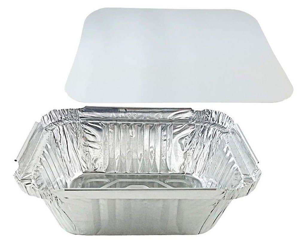 Pactogo 1 lb. Oblong Deep Aluminum Foil Take-Out Pan with Board Lid Disposable Containers 5.56" x 4.56" x 1.62" (Pack of 50 Sets)