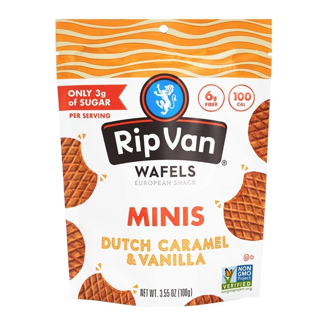 Rip Van Wafels Low Sugar Waffle Cookies Mini Size Pouch, Dutch Caramel & Vanilla, 3.55 oz (100 g)