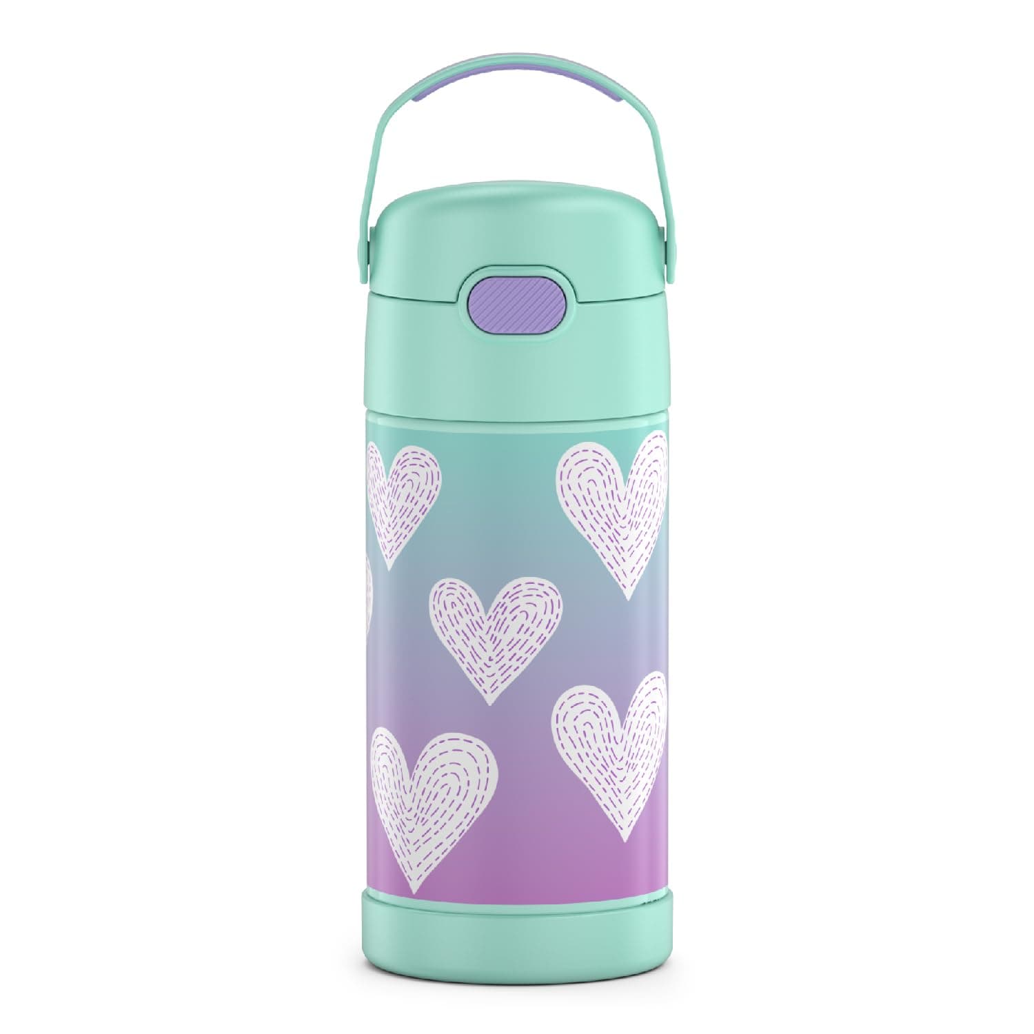 FUNTAINER 12 Ounce Stainless Steel Vacuum Insulated Kids Straw Bottle, Purple Hearts