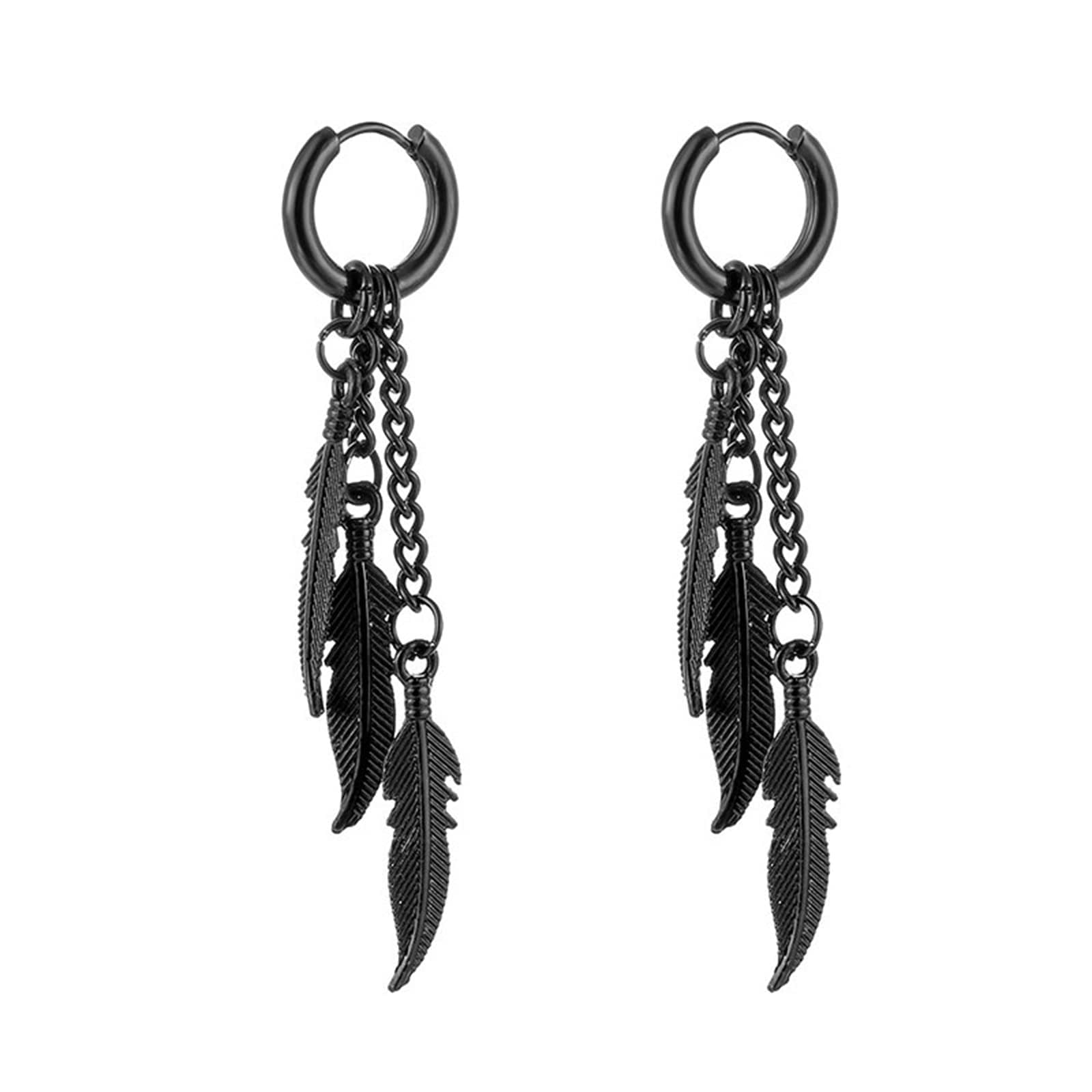 MALOYANVEFeather Dangle Earrings for Men Women 316L Surgical Stainless Steel Huggie Hoop Dangle Earrings Punk Hip Hop Vintage Feather Drop Earrings