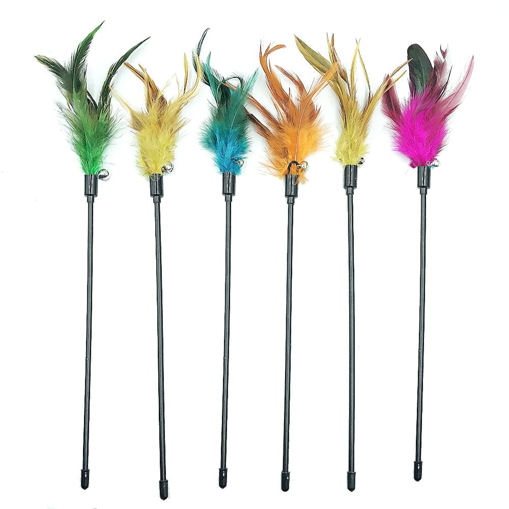 Cat Wand Toys, 6 PCS Interactive Cat Teaser Wand Cat Feather Toys with Bell for Indoor Cats, Kitties