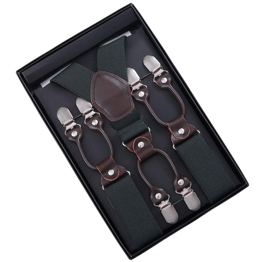 Men Suspenders KANGDAI Suspenders For Men Dark Green 6 Clips Wide 1.4" Y Back Heavy Duty Men Braces Elastic Durable Suspenders Strong Metal Clips (Dark Green)