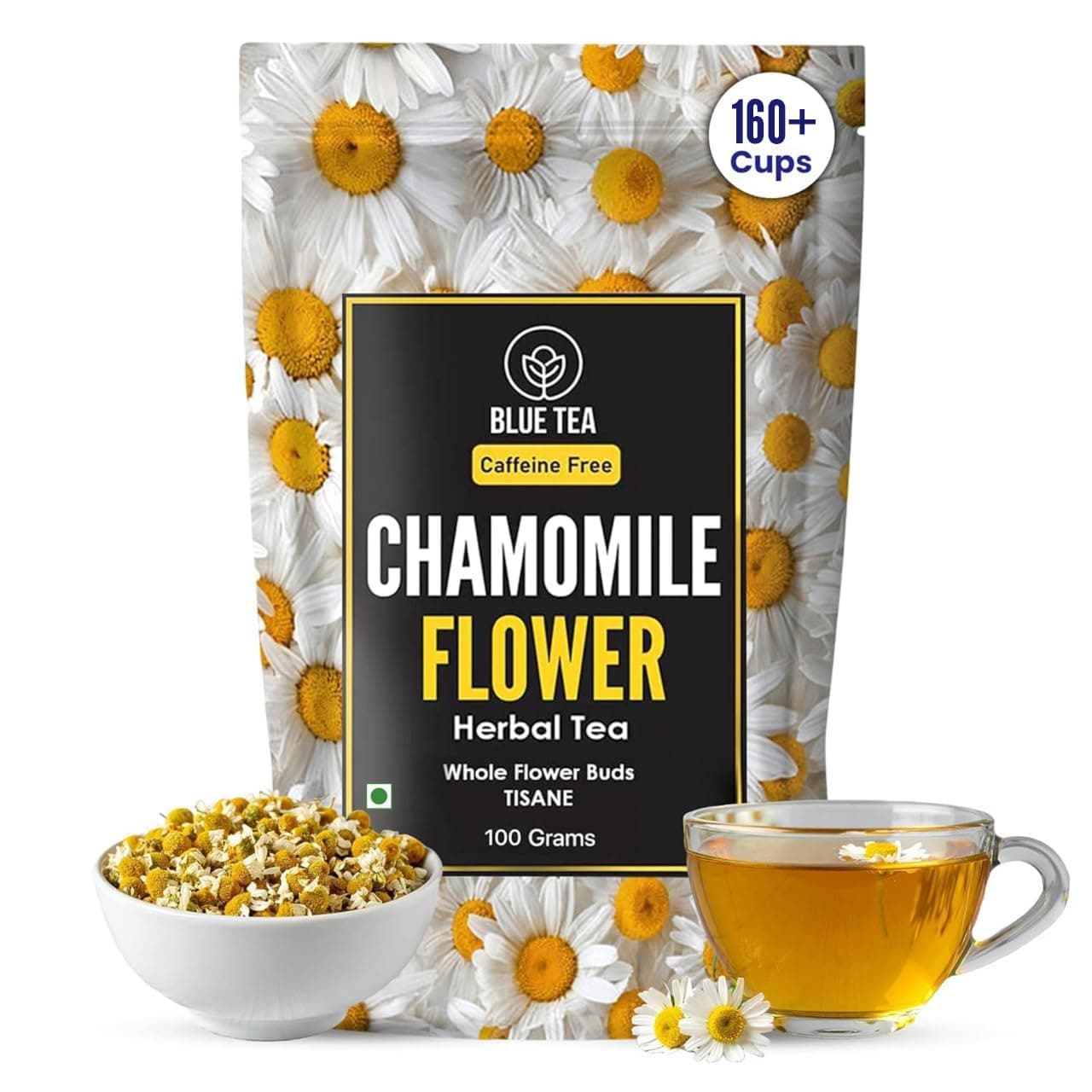 BLUE TEA - Chamomile Flower Tea - 100g | Pure WHOLE FLOWER Buds of Chamomile - Herbal Tea - Caffeine Free - Eco Conscious Zipper Pack |