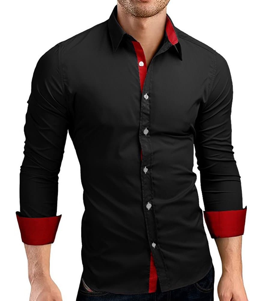CUSON Men Casual Dress Shirt Cotton Slim Fit Long Sleeve Button Down Solid Shirt Black with Red S