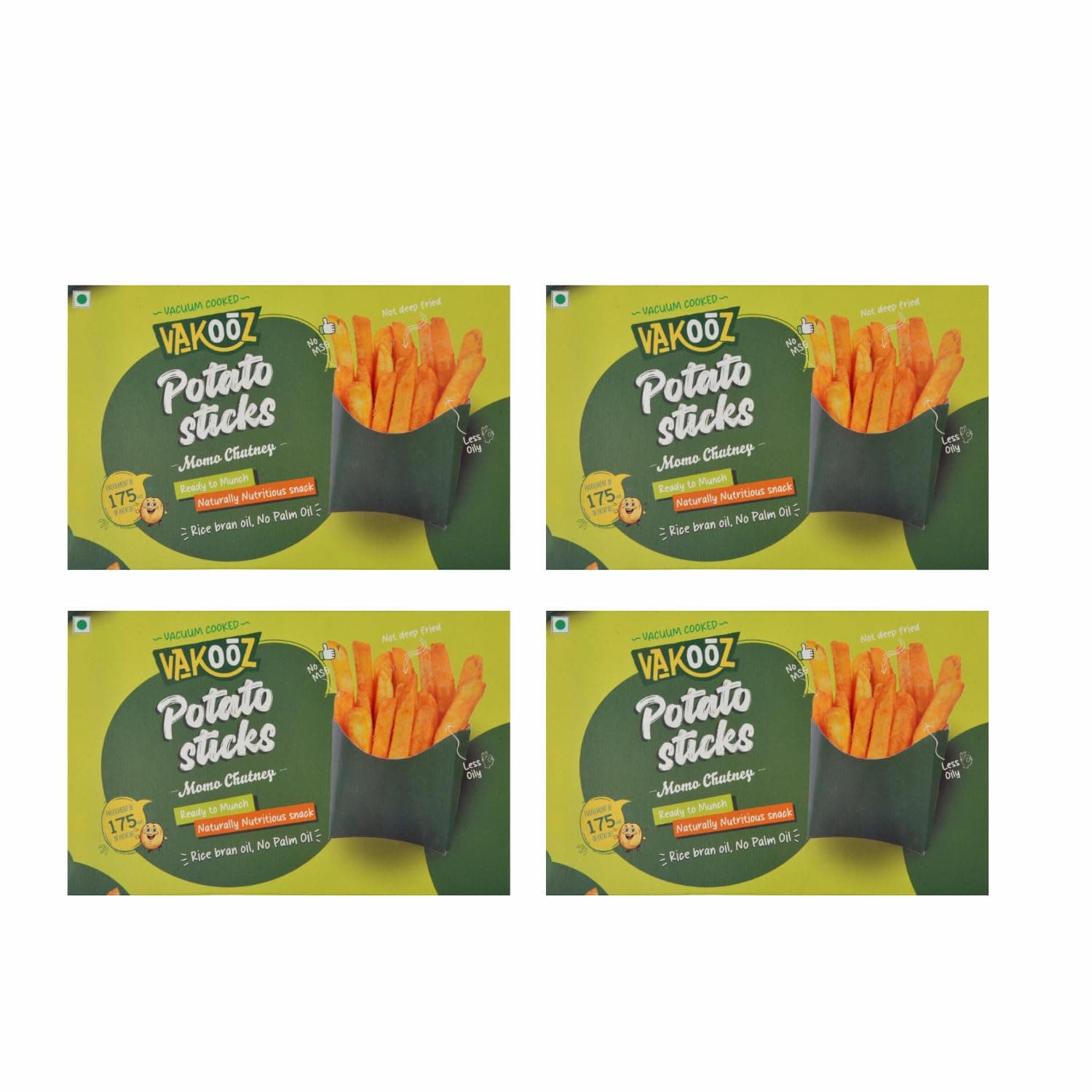 Vakooz Vacuum Cooked Potato Sticks, Momo Chutney Flavor, 180g (Pack of 4-45g Each) | Vacuum Fried Potato Fingers | Low Fat, No Palm Oil | Crispy & Satisfying Nutrient-Rich Snack