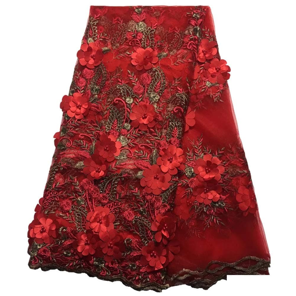 Milylace 5 Yards 3D Floral African Lace Fabric Nigerian Embroidered Mesh Lace Fabric with Beads for Wedding (Red)
