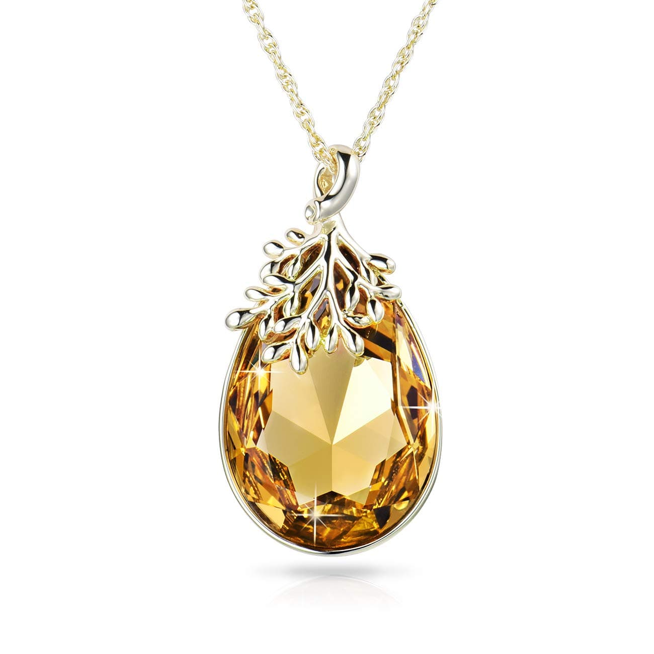 Happy Olive Leaf Gold Necklace for Women with Austrian Citrine Crystal Pendant, Elegant Jewellery Gift Box, 45+5cm Extender