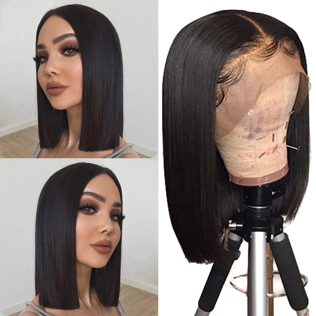 GeetaHuman Hair Lace Front 13x4 Wigs Bob 10 Inch 180 Density Brazilian Virgin Human Hair Short Bob Wigs Straight Hair Natural Color