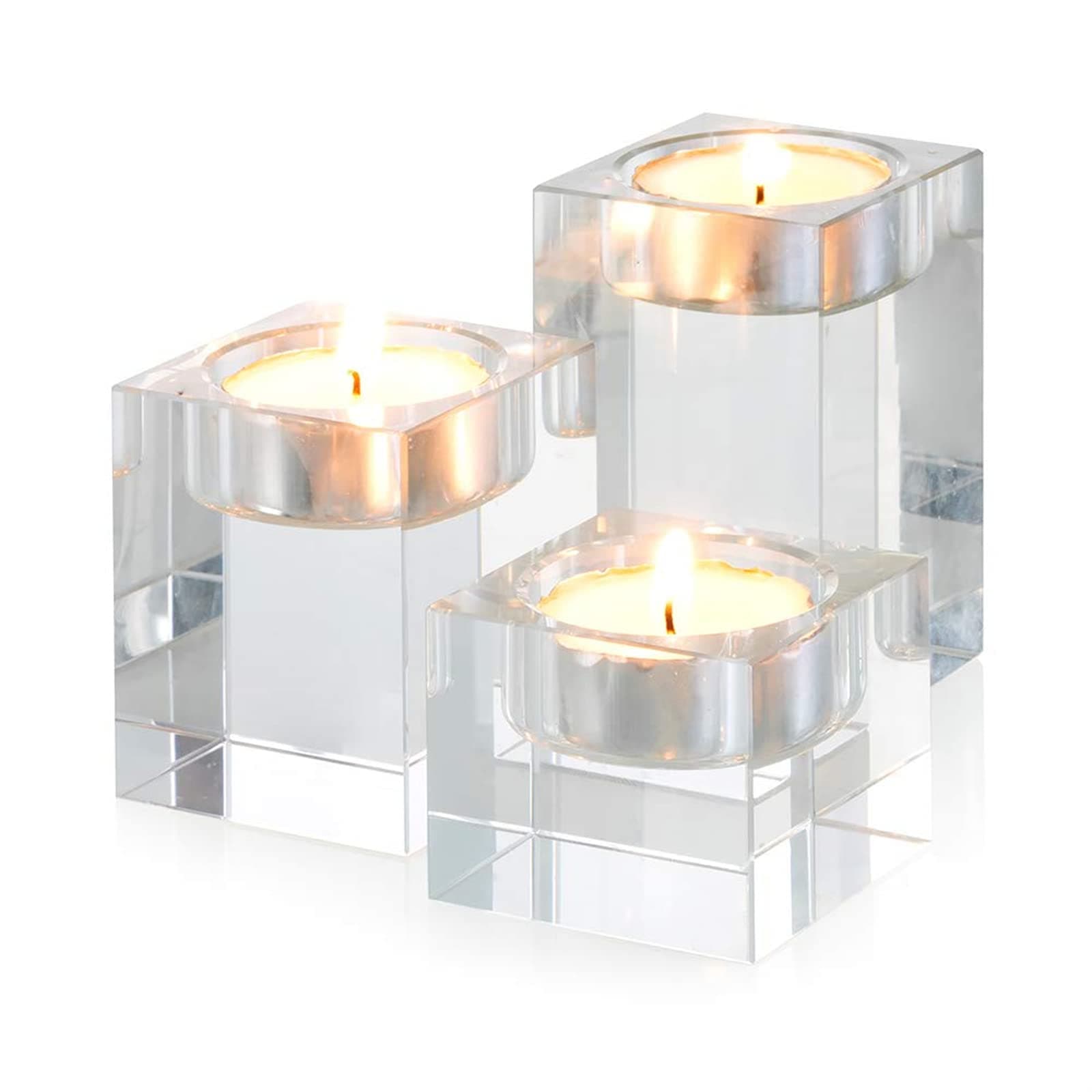 Sziqiqi 3-Piece Crystal Glass Candle Holder Set Crystal Candlelight Dinner Candle Holder Creative Ornament for Home, Dining Table and Bar, Square