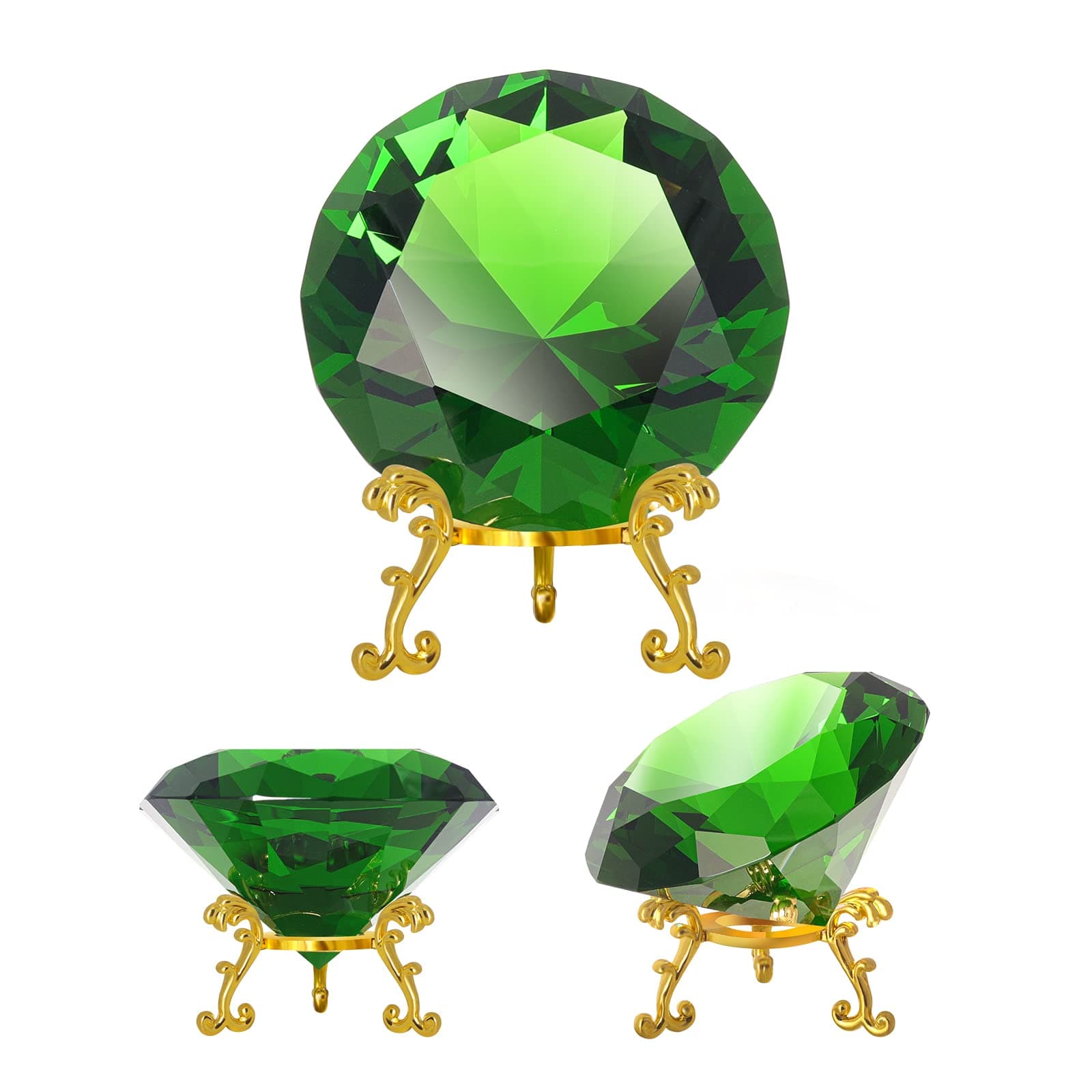 SWTHONY Green Crystal Diamond Paperweight, Big Fake Diamond with Gold Metal Base (Green, 80mm)