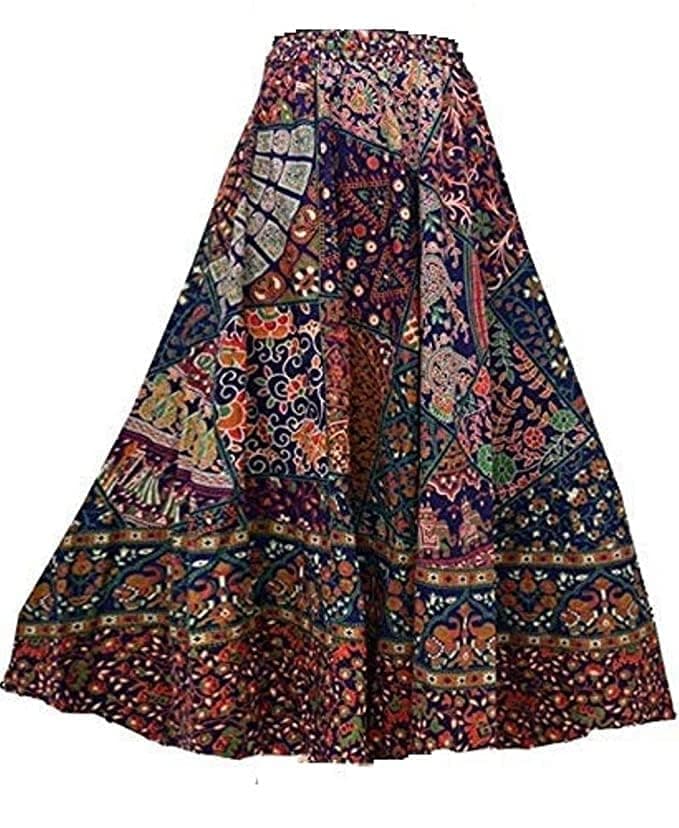 YWULYWomen's Jaipuri Tribal People Printed Cotton Long Wraperon nd Skirts (Free Size, Multicolored)