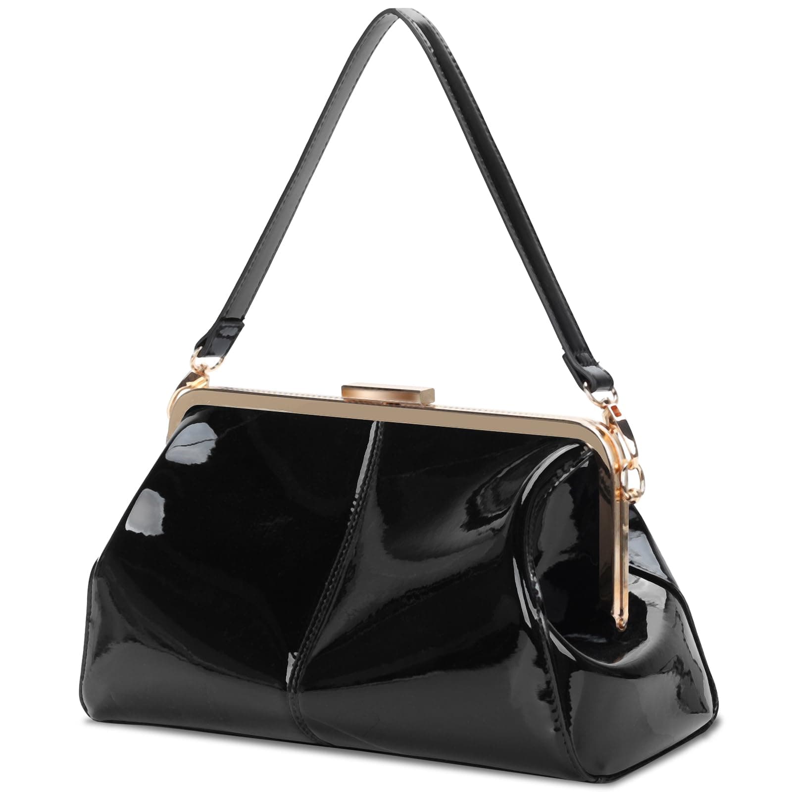 Vintage Kiss Lock Handbags Shiny Patent Leather Evening Clutch Purse Tote Bags with Two Straps