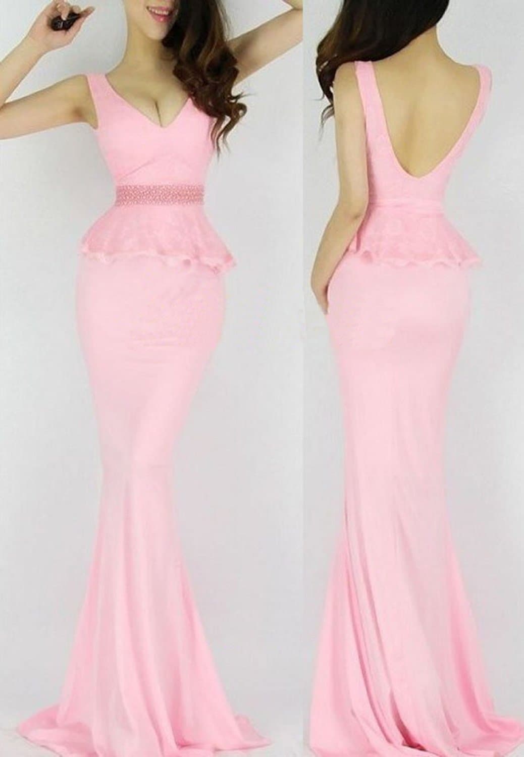 New Arrival Lotus Leaf Collar Pink Back Bridesmaid Dress for Party Evening Dress