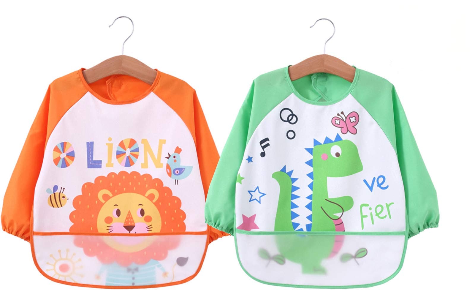 Babylaza Kids Waterproof Sleeved Feeding Bibs Long Sleeve Art Apron Smock Bib,Nursing Feeding Bibs,6 Months+ (Orange + Green)