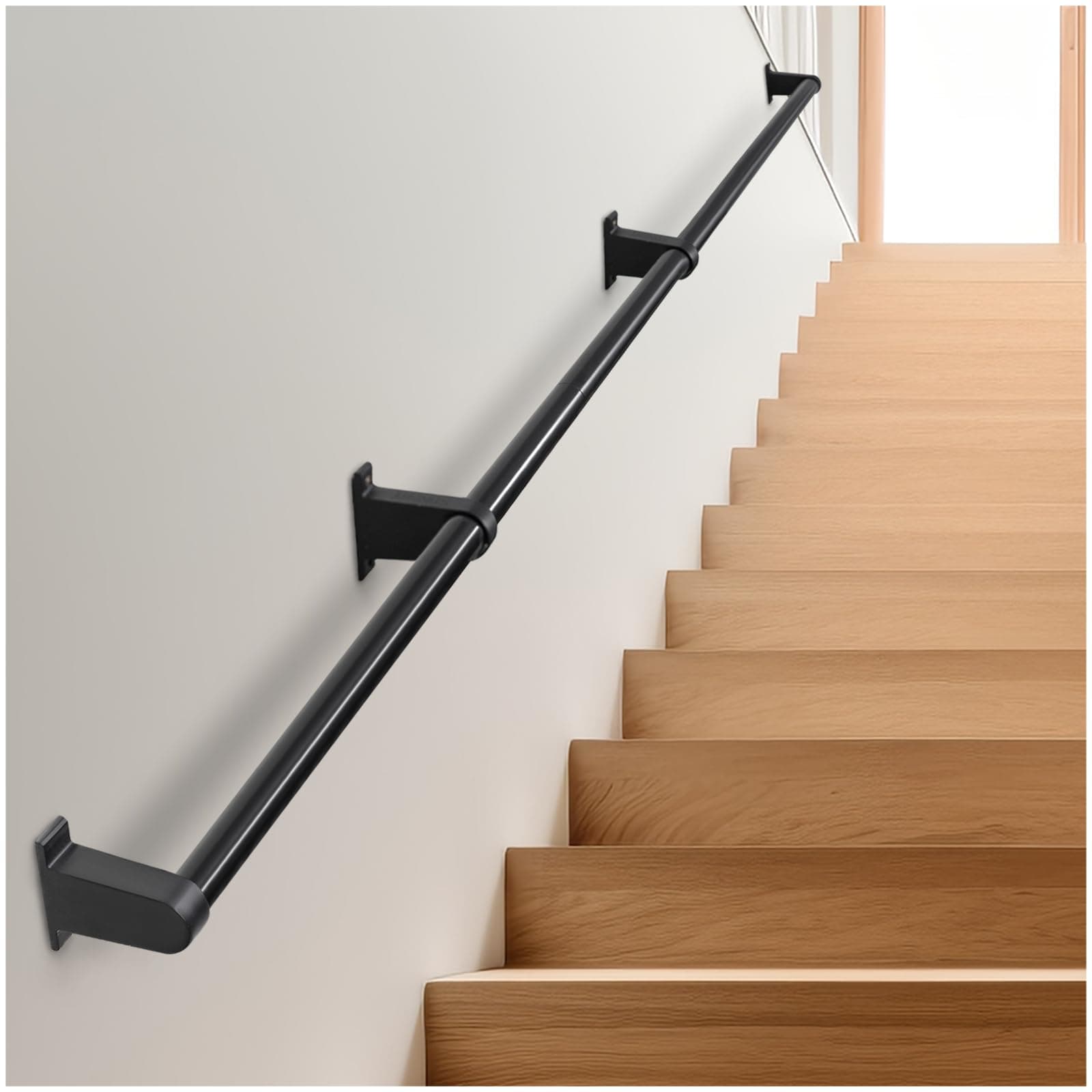 Industrial Stair Railing Metal Hand Rails for Indoor Stairs Wall Mount Staircase Handrails 1.25" Pipe Stair Handrail for Steps Black Aluminum Stairway Railing for Outdoor & Indoor Stairs 12ft