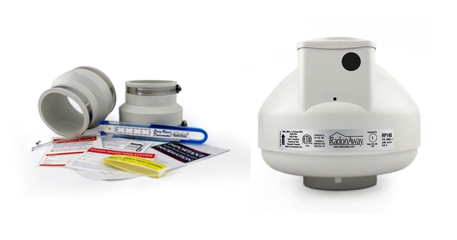 RadonAway RP145c Fan + Install Kit (Rubber couplings, Dynameter and Labels) (3x4, White)