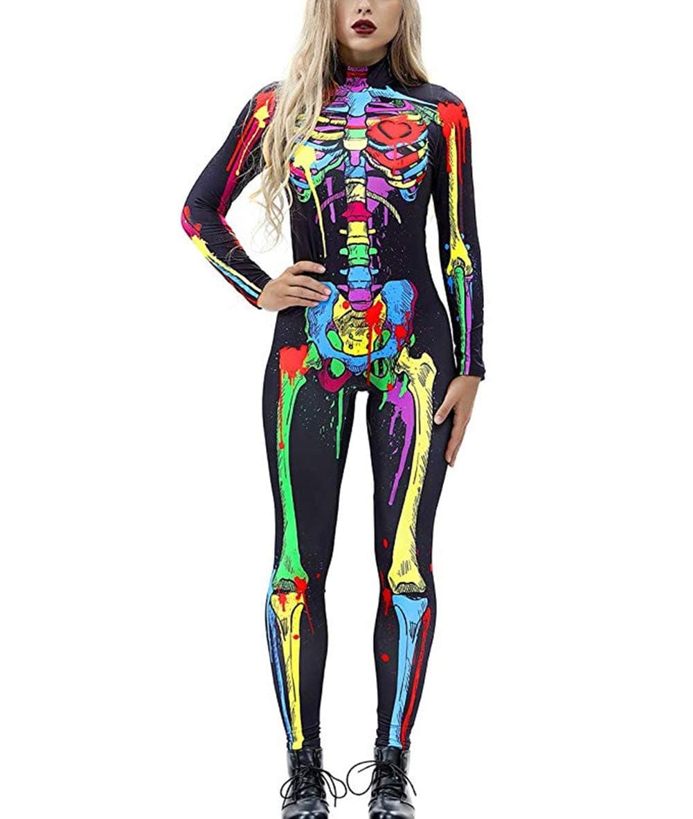 IDGREATIM Women Halloween Costume 3D Print Long Sleeve Skinny Skeleton Catsuit Cosplay Jumpsuit Bodysuit