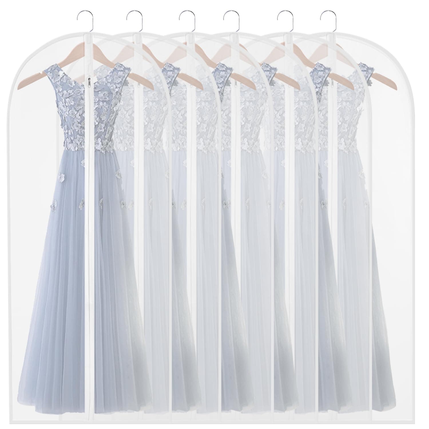 Garment Bags for Long Dresses,60in Clear Hanging Lightweight White Breathable Dust Proof Covers with Study Full Zipper for Clothes Storage Closet Pack of 6