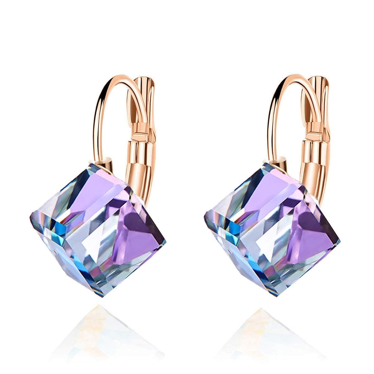 Cube Austrian Crystal Drop Leverback Earrings for Women Fashion 14K Rose Gold Plated Hypoallergenic Jewelry