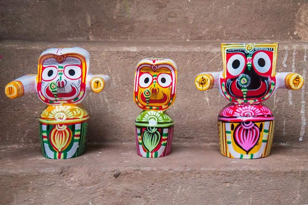 Lord Jagannath, Balaram, Subhadra Wooden Idol Set 4inch-10 cm (Pack of 3,Multicolour, Small), Idol