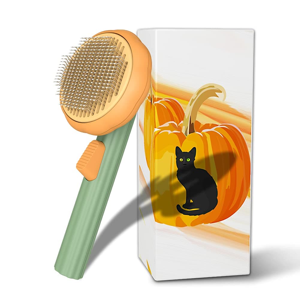 Cat Brush with Release Button, Pumpkin Cat Comb for Long or Short Haired Cats Dogs Rabbits, Skin Friendly Deshedding Grooming Tool for Gently Removes Loose Fur Undercoat