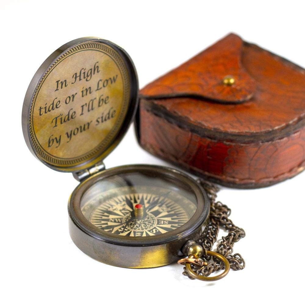 CalyronBrass 2.75" Pocket Magnetic Compass with Chain Nautical Boat Decor Antique Steampunk Style Engraved Gifts Directional Pirate Hiking Travel Camping Compass