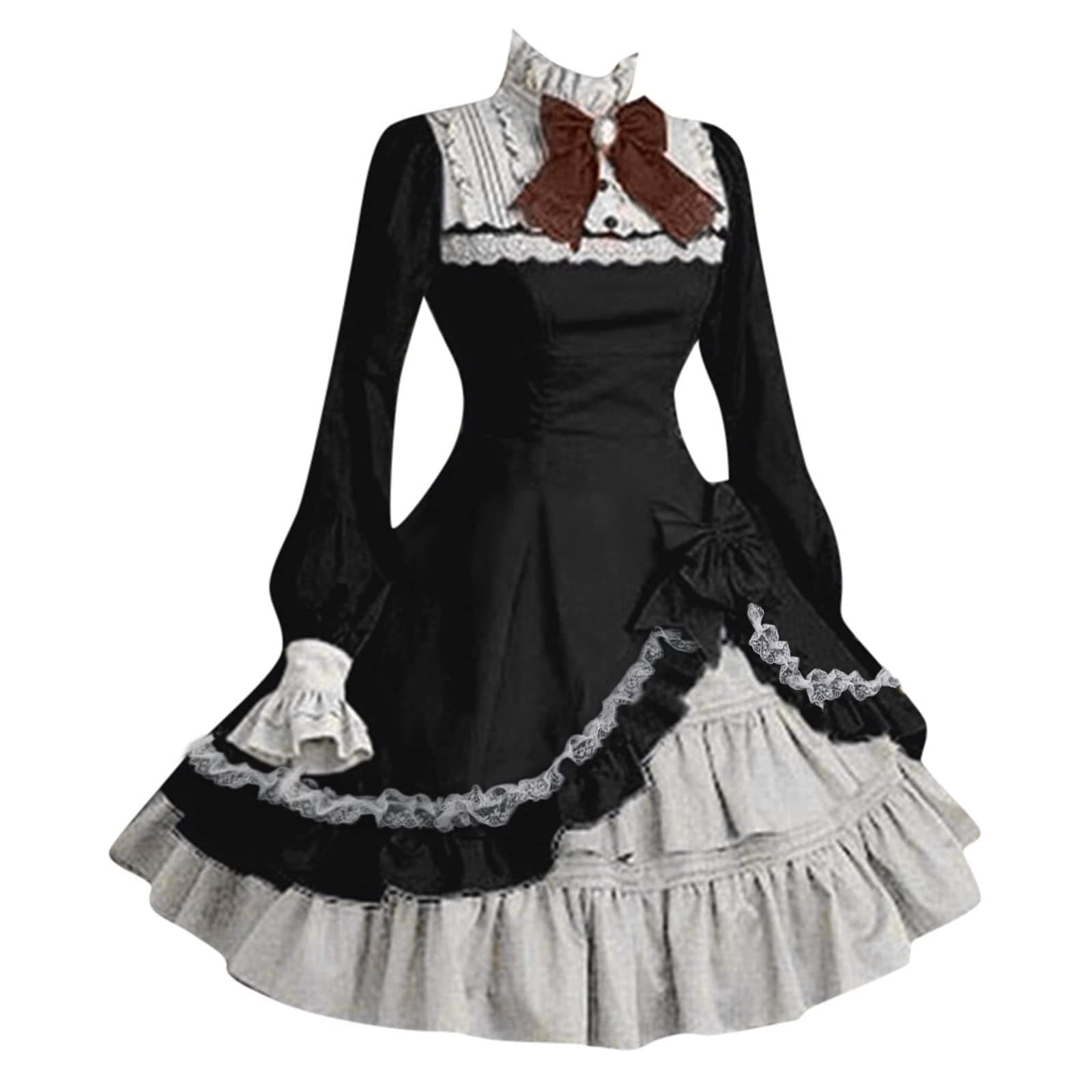 Women Sweet Lolita Dress Victorian Long Sleeve Princess Halloween Cosplay Costumes Lace Layers Maid Dresses(Black,XX-Large)