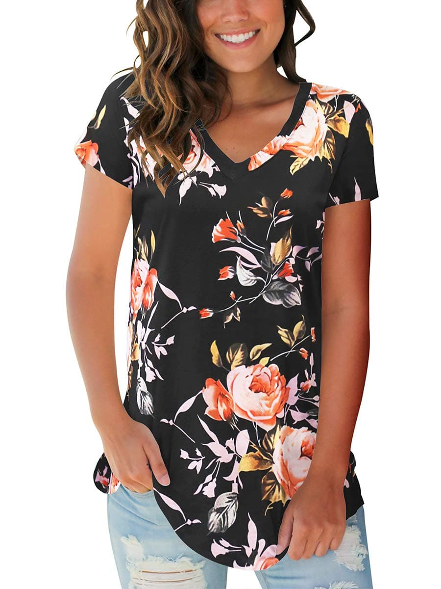 SAMPEELWomens Summer Tops Floral Tees Short Sleeve Tunic V Neck T Shirts