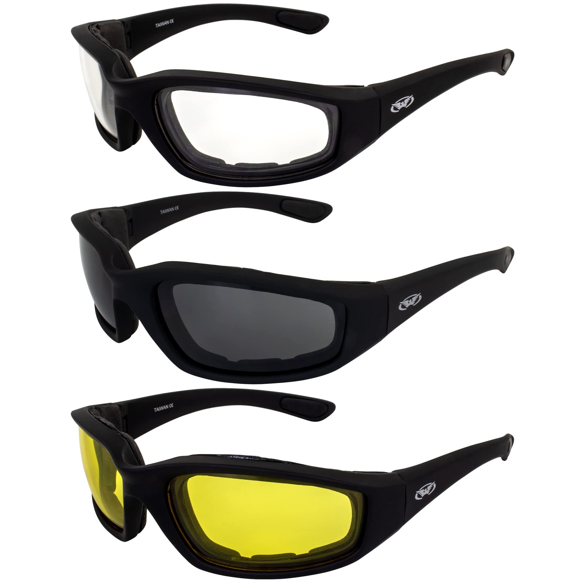 3 PAIRS: PADDED MOTORCYCLE GLASSES SUNGLASSES SMOKE CLEAR YELLOW + Storage Bags
