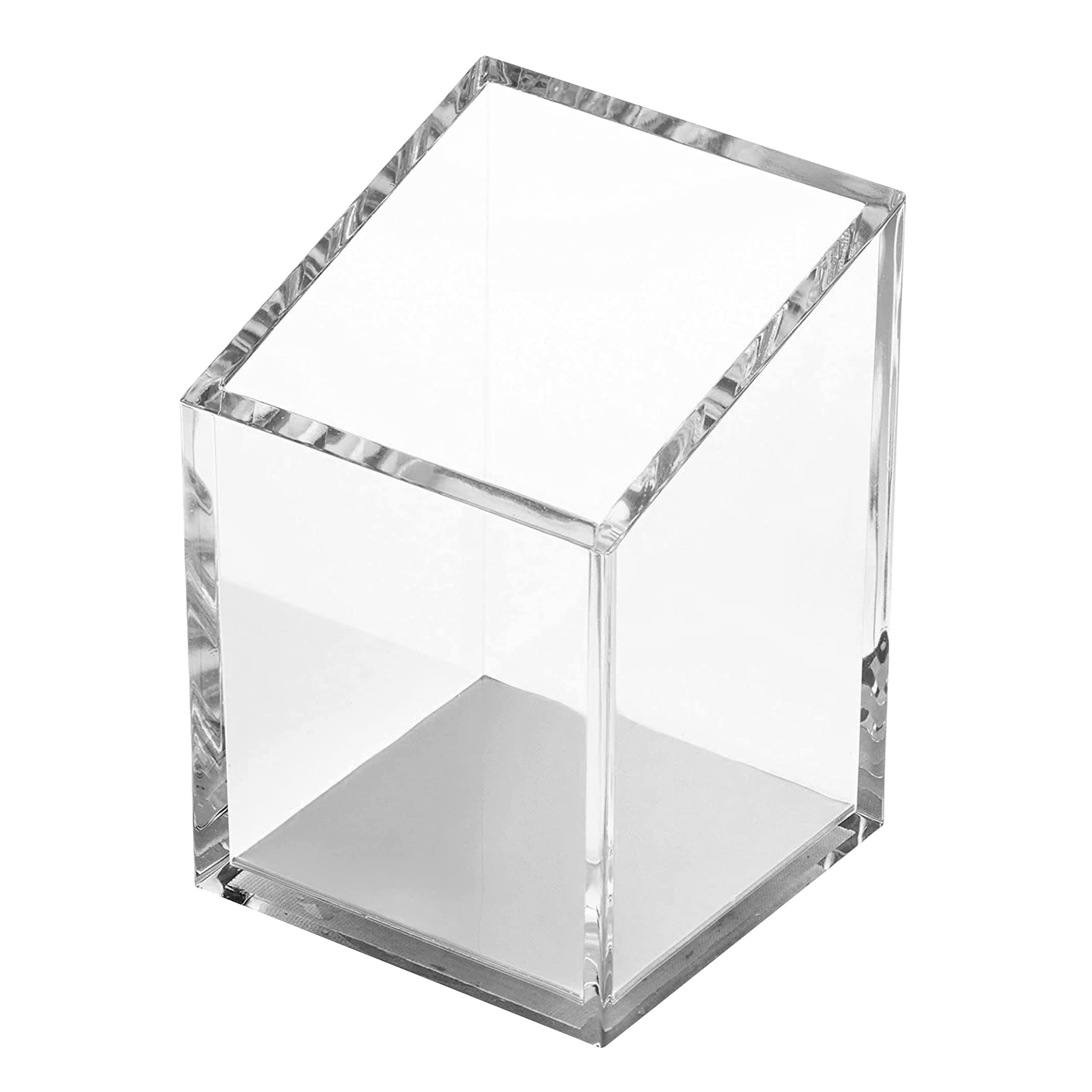 OfficeGoods Acrylic Pen & Pencil Holder - Modern Trapezoid Design - Beautiful Desk Organizer for Home or Office - Contrasting Metal Base - 3" Square w/ 3.5" Front & 4.5" Back - Silver
