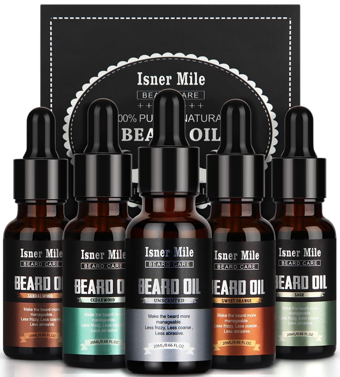 Beard Oil 5 Pack Set, Natural, Cedarwood, Sandalwood, Sage, Sweet Orange for Men Beard Care, Moisturize, Soften, Strengthen, Christmas Gifts for Men Him Dad Father Boyfriend