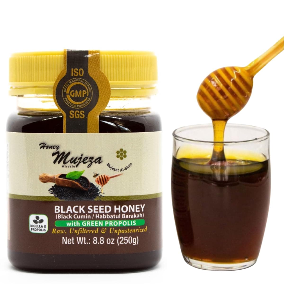 Black Seed Honey with Propolis - Not Mixed with Oil or Powder - Gluten Free - Non GMO - Organic Honey - Immune Booster - 100% Natural Raw Honey (250g /8.8oz)