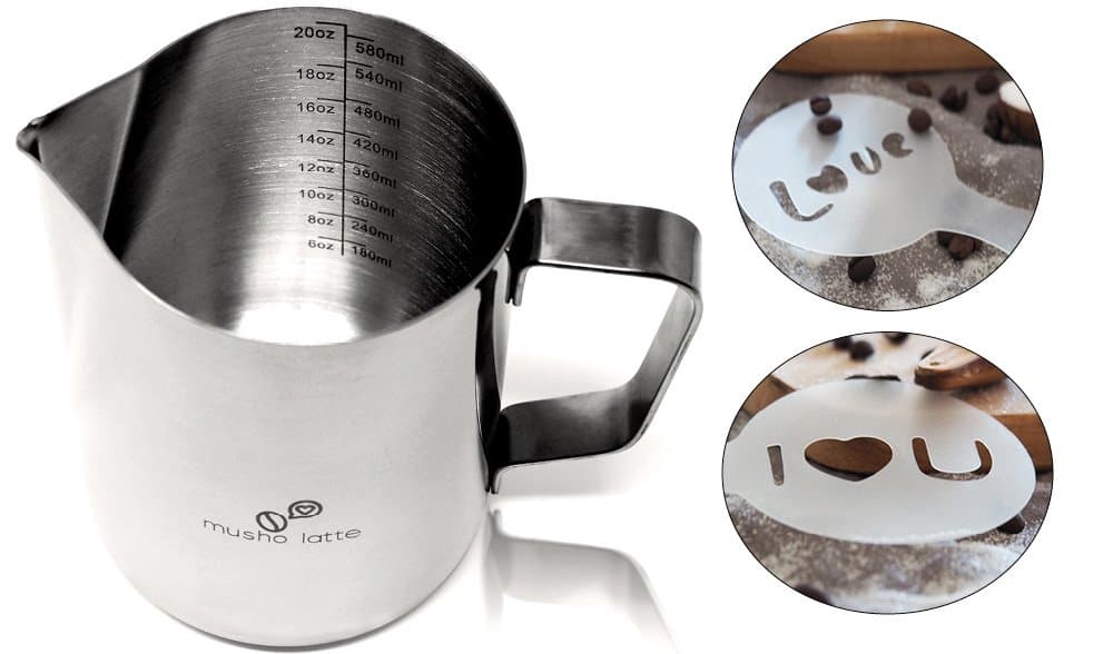 Musho Latte Frothing Pitcher, Steaming Pitcher Stainless Steel, Milk Frothing Cup size 12 oz (350 ml) or 20 oz (600 ml) with 16 Decorating Coffee Art Stencils as Gift of Purchase