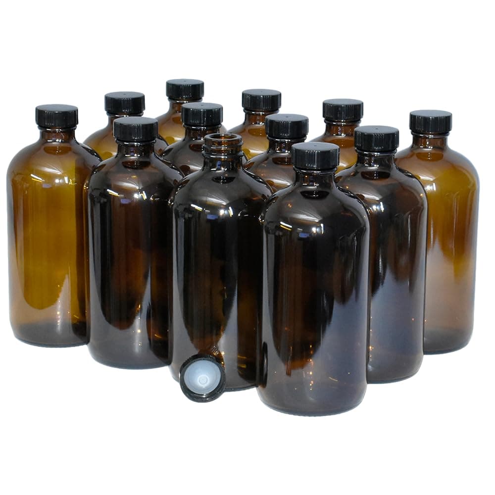 GlassBottleOutlet (12 Pack) GBO 16 oz. Amber Boston Round Glass with Black Poly Cone Cap