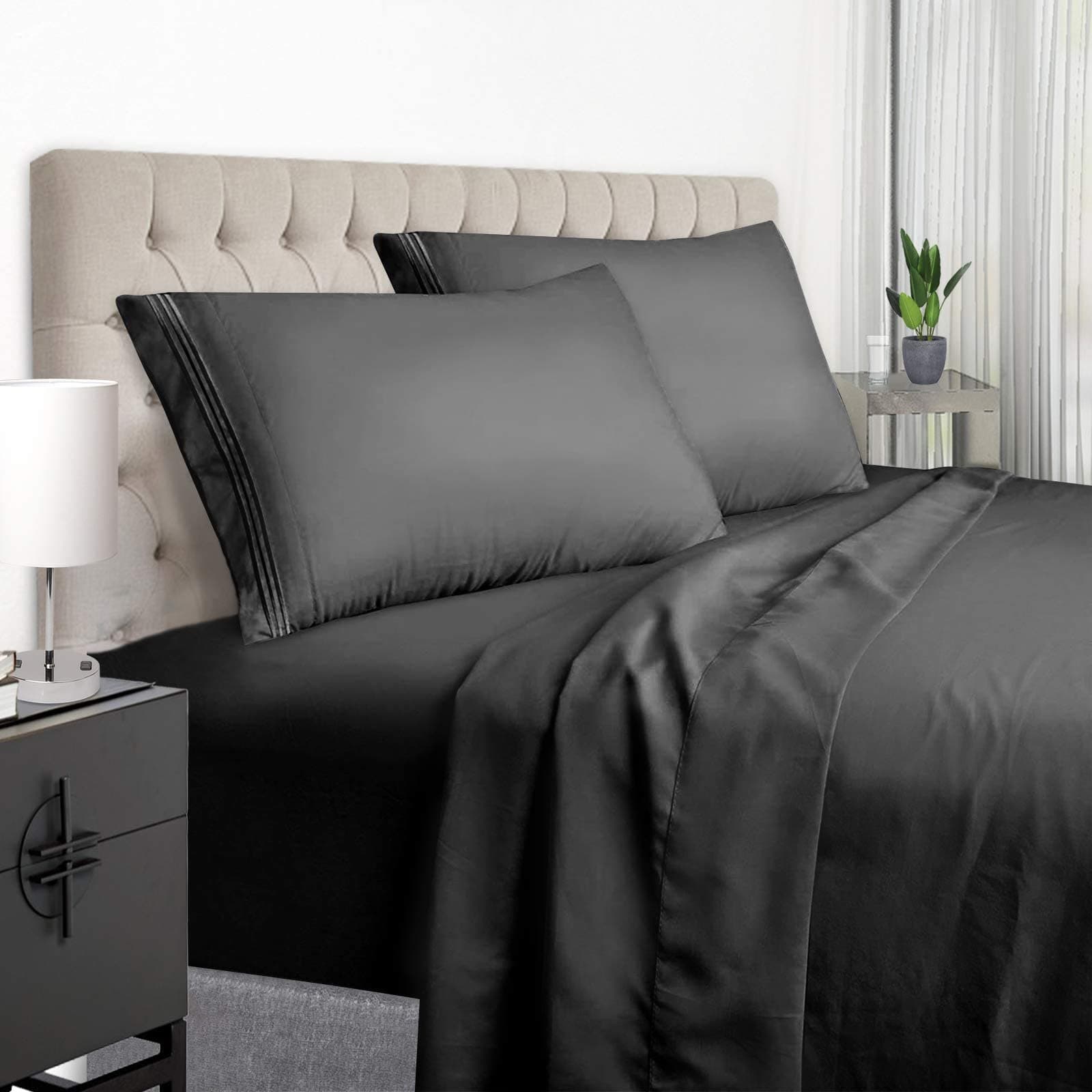 EaseHome Queen Size Bed Sheets Set - Extra Soft Luxury Brushed Microfiber Queen Bed Sheets with 18 inch Deep Pocket - Comforterble Wrinkle Fade and Hypoallergenic- 4 Piece (Queen,Black)