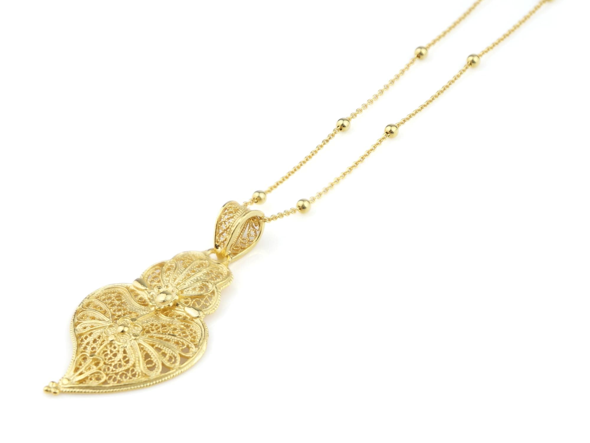 Portuguese Filigree Necklace w/small Viana Heart PENDANT, 925 Sterling Silver w/Gold Bath