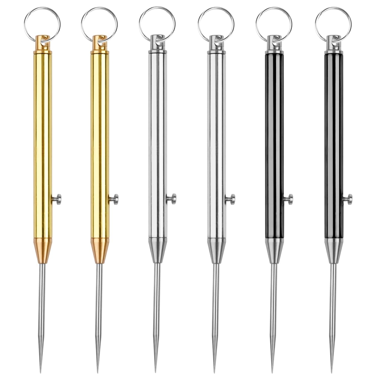 6 Pieces Portable Titanium Toothpicks, Pocket Metal Toothpick Reusable with Stainless Steel Toothpick Holder Travel Keychain Telescopic Toothpicks Black Silver Gold